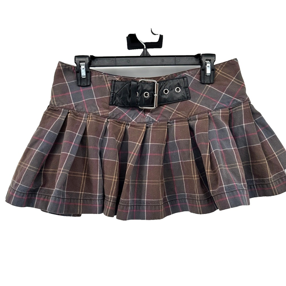 VTG Y2K NoBo Micro Mini‎ Skirt Plaid Pleated Belted Grunge Fairycore Size 7